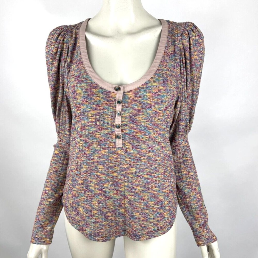 Anthropologie Puff-Sleeved Knit Henley Top Women S NWT Stretch Scoop Neck Purple - Picture 1 of 11